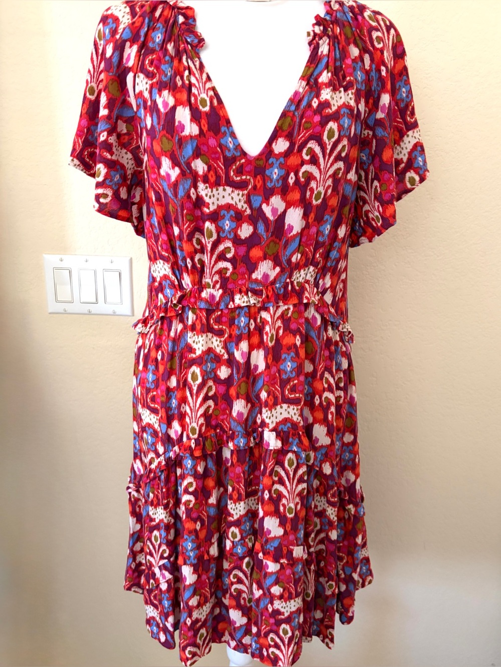 Anthropologie Red Floral V-Neck Tiered Dress